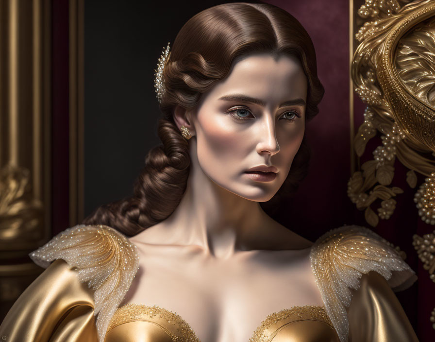 Elaborate Hairstyle and Golden Dress Portrait on Dark Background