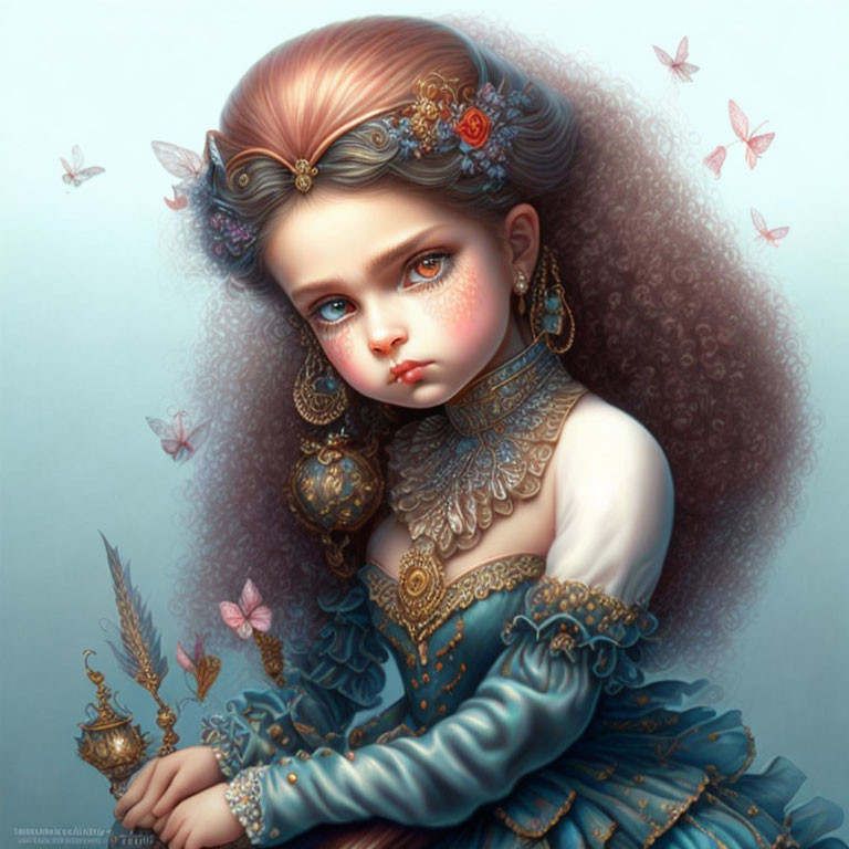 Illustration of young girl with blue eyes, curly hair, Victorian gown, and butterflies.