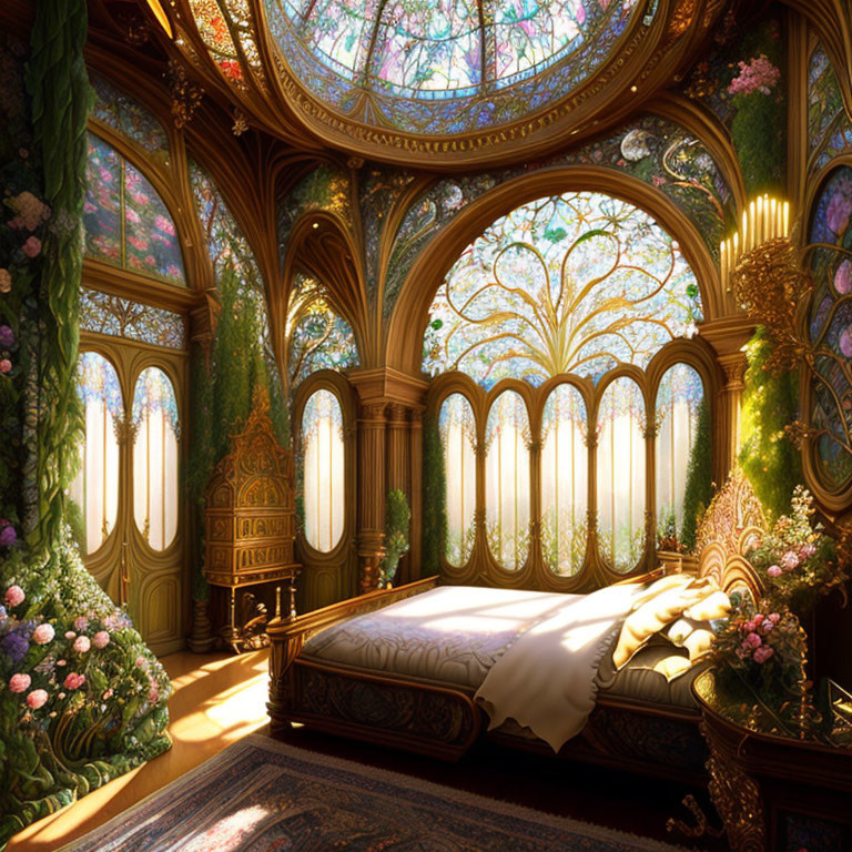 Opulent bedroom with large bed, stained glass windows, wooden arches, floral decorations