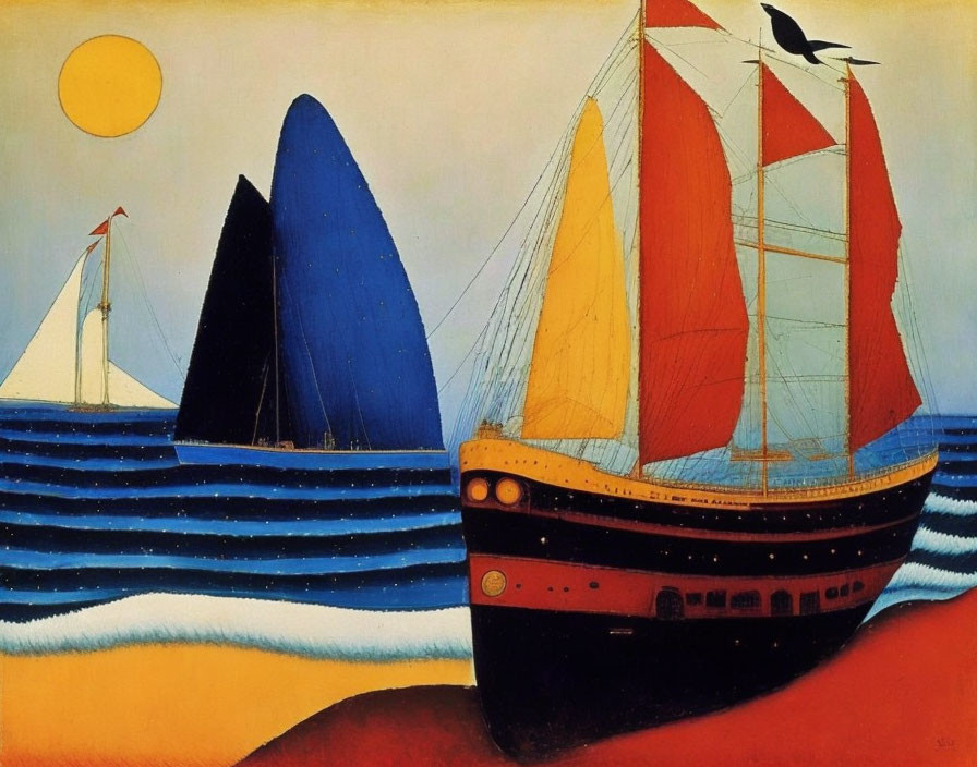 Vibrant painting of sailing ships on wavy sea under yellow sun