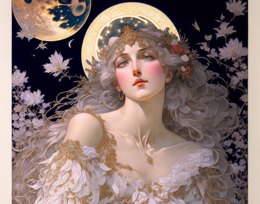 Ethereal woman with wavy hair and headpiece under full moon