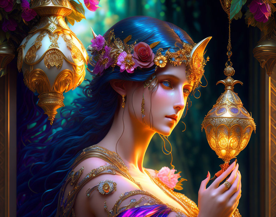 Fantastical female figure with blue hair and ornate lamp in luminescent setting