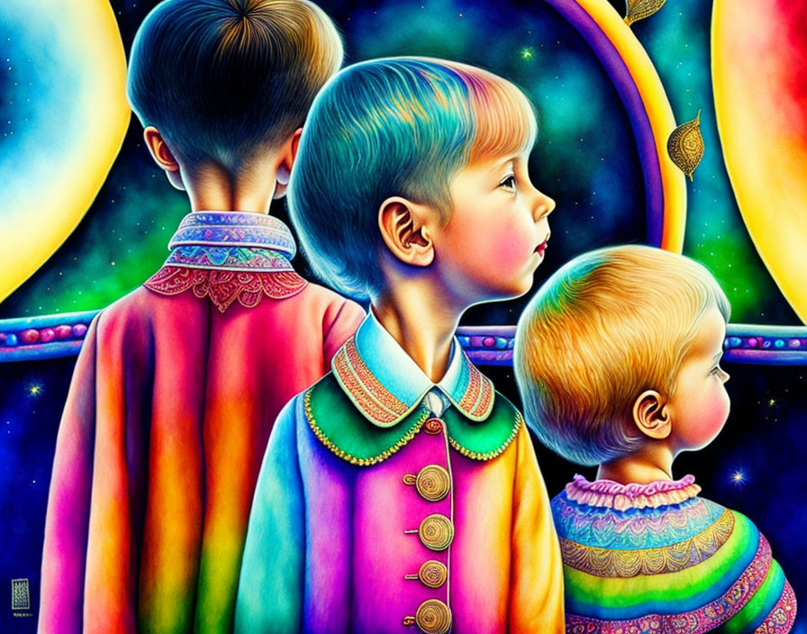 Vibrant cosmic scene with three children in colorful attire