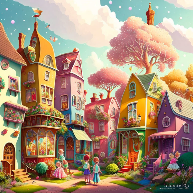 Vibrant cartoon street scene with colorful houses and happy children