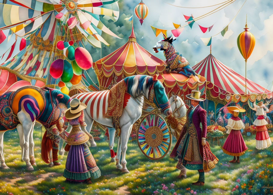 Elaborately dressed individuals and colorful tents at a vibrant fair