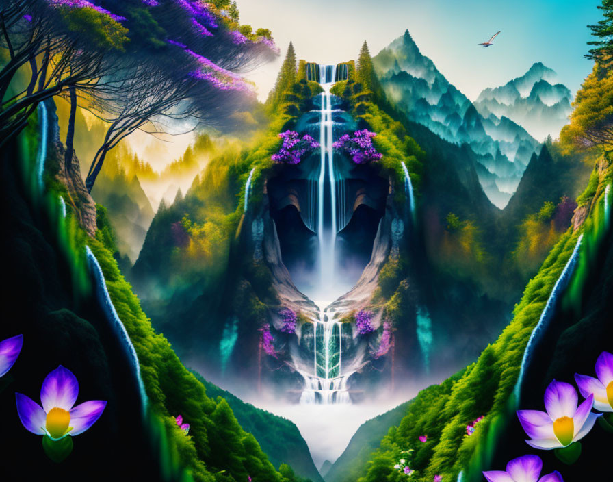 Majestic waterfall in vibrant surreal landscape