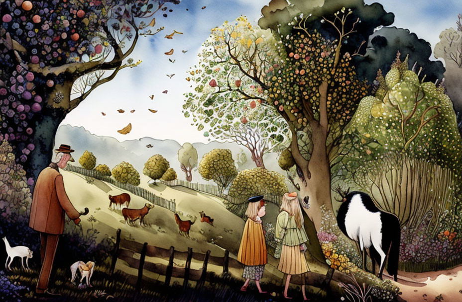 Illustrated countryside scene with girls, man, dogs, goat, trees, birds, and hill.