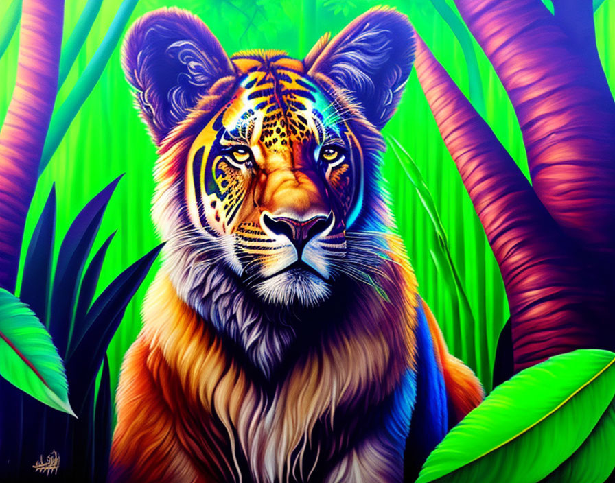 Detailed Tiger Face Painting in Lush Jungle Scene