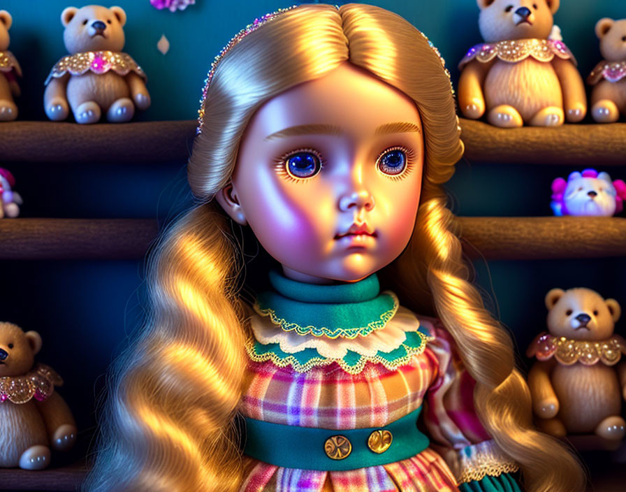 Porcelain doll with blue eyes and blond hair in plaid dress displayed in dimly lit room