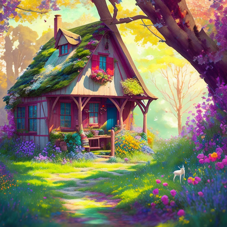 Enchanting fairytale cottage with vibrant flowers and a white cat in forest scene