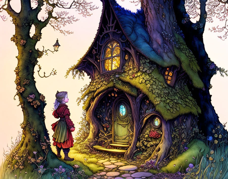 Child in historical clothing gazes at whimsical treehouse in lush twilight setting