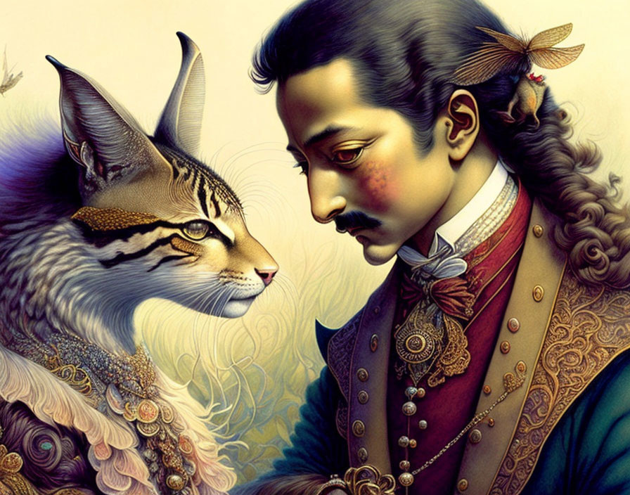 Victorian man with mustache and regal cat illustration.