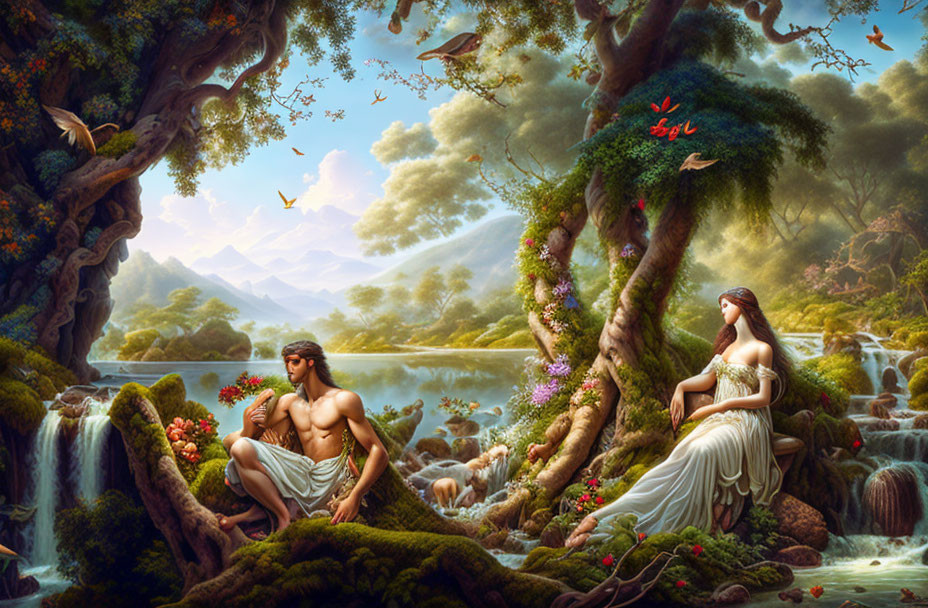 Man and woman in classical attire by lush forest waterfall