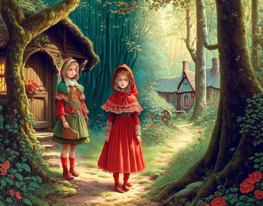 Enchanted forest scene with two girls in red capes