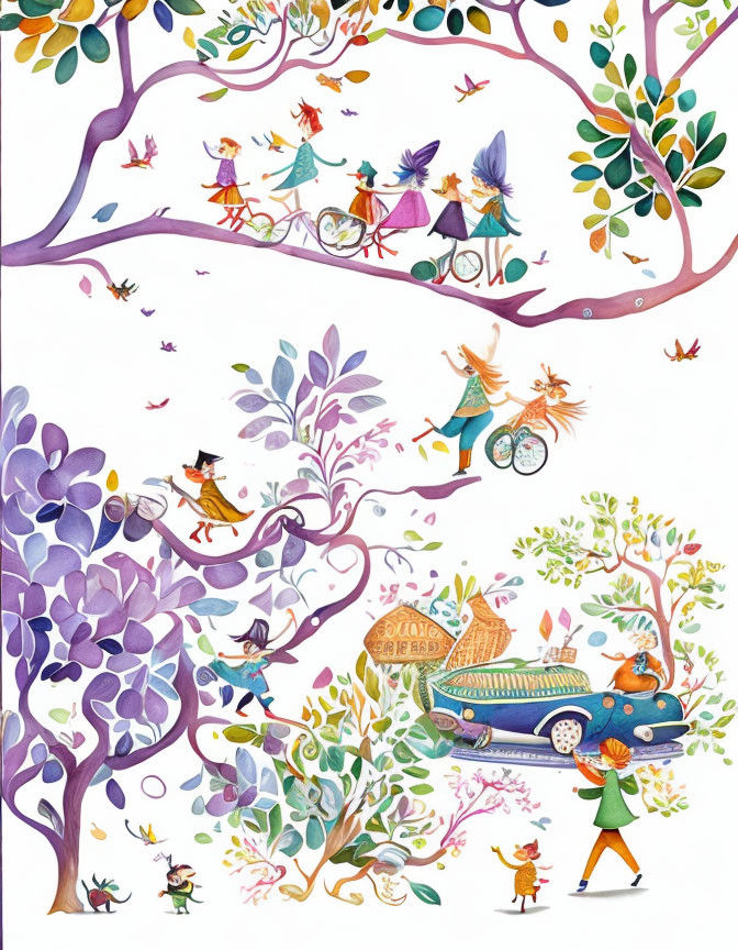 Anthropomorphic animals in whimsical activities amidst colorful trees