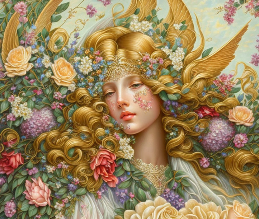 Detailed artwork of woman with golden hair and floral elements in lush setting