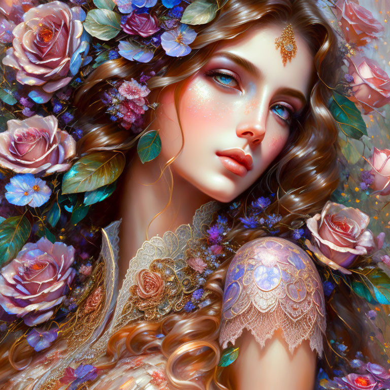 Digital artwork featuring woman with ornate jewelry and lace tattoo surrounded by lush flowers