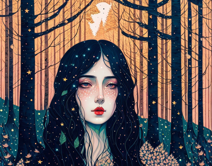 Illustrated portrait of woman with black hair in mystical forest with ghostly figure