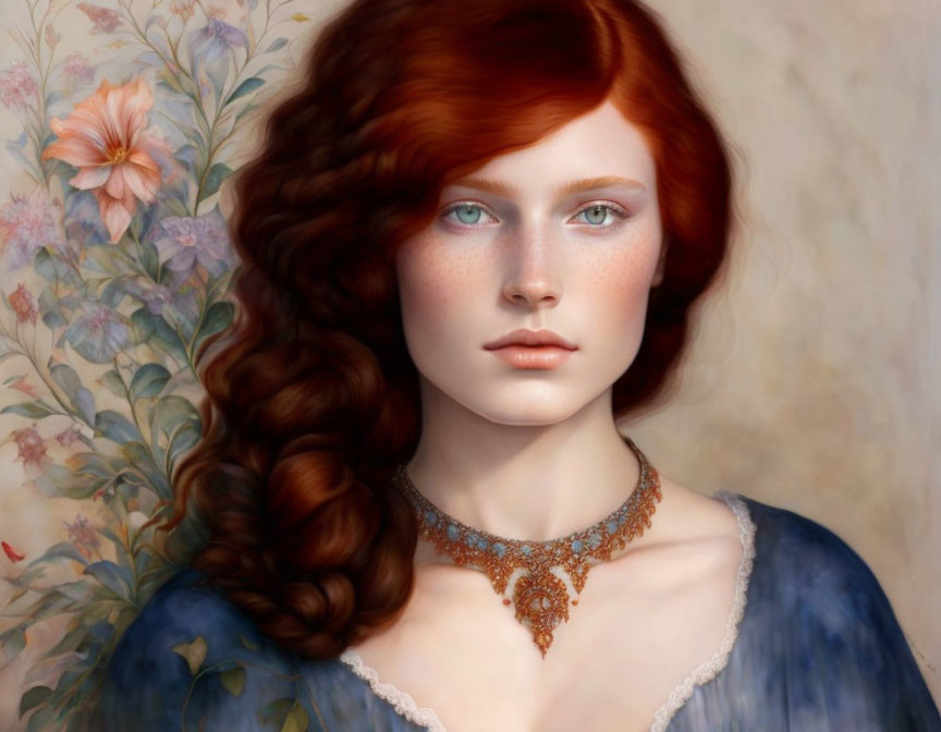 Portrait of a woman with red hair, blue eyes, freckles, ornate necklace, blue