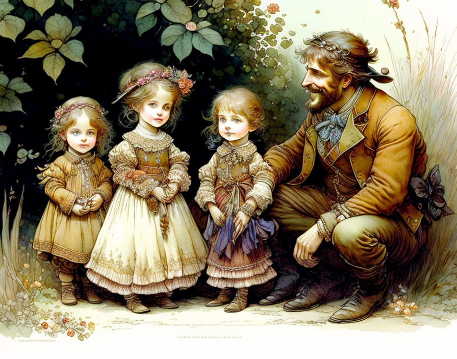 Bearded man in vintage clothing converses with three young girls in elegant dresses among plants and flowers