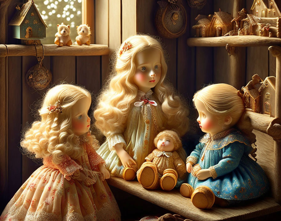 Vintage-style porcelain dolls with intricate hairstyles and old-fashioned dresses on wooden shelf.