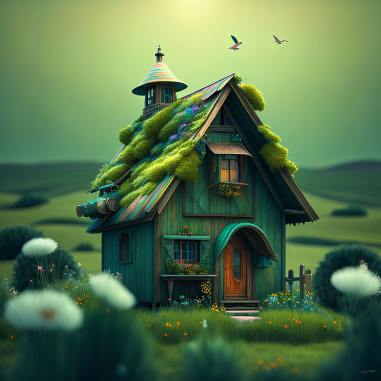 Whimsical wooden house in green landscape with birds and dandelions