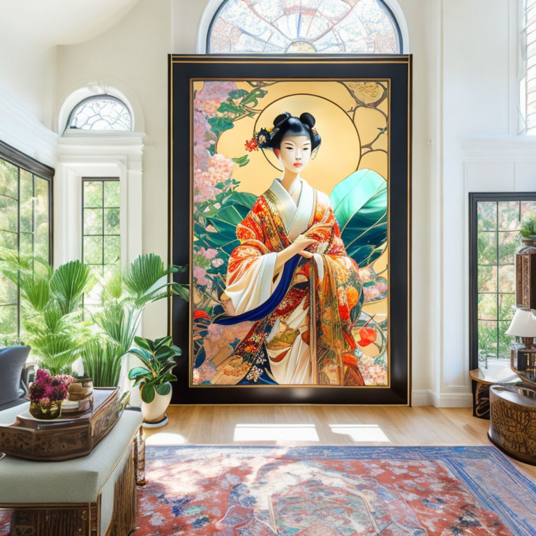 Spacious room with geisha painting, arched windows, plants, and ornate rug