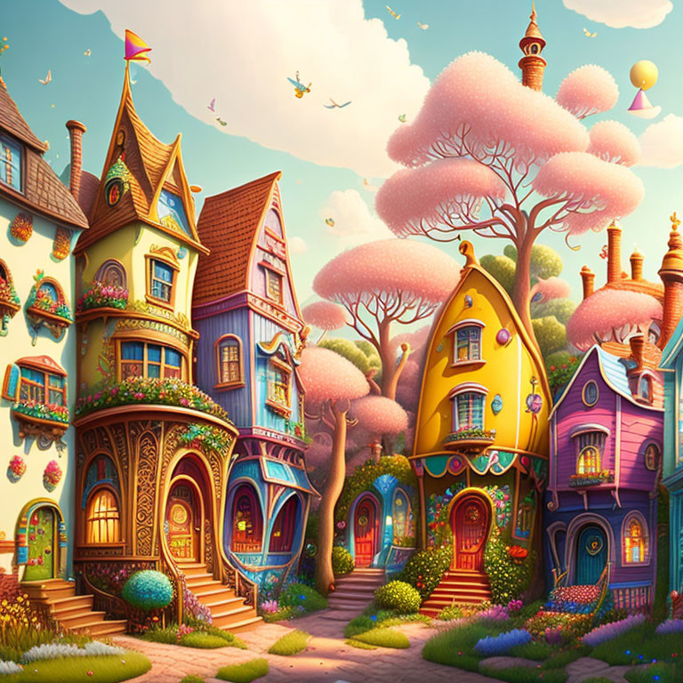 Vibrant houses and pink trees under clear sky with birds and balloons