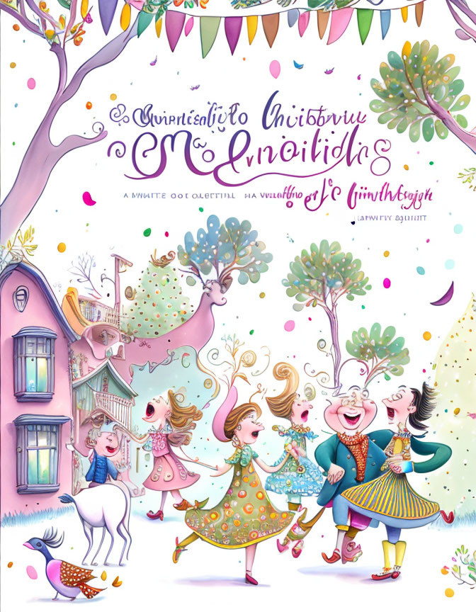 Whimsical party illustration with colorful characters, animals, and houses under a tree.