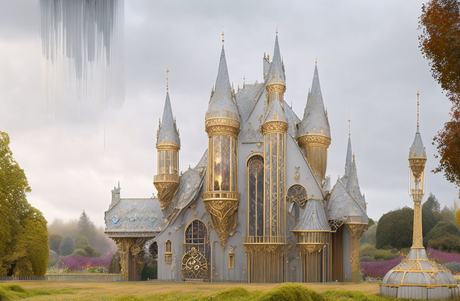 Ornate golden spires and glowing windows of a fantastical castle in serene landscape