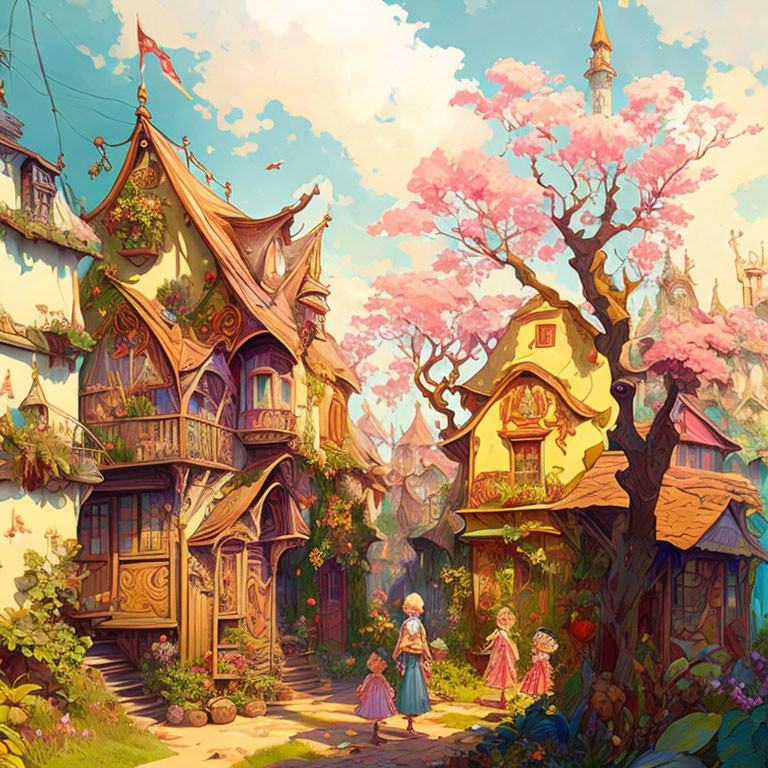 Ornate houses and pink trees in a whimsical village