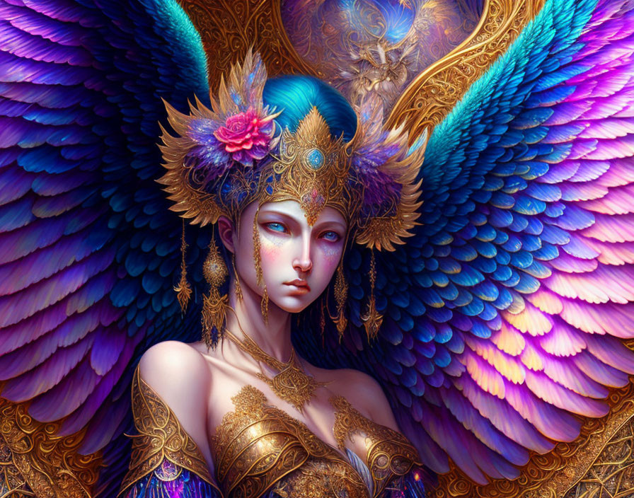 Digital artwork: Woman with feathered headdress & golden jewelry