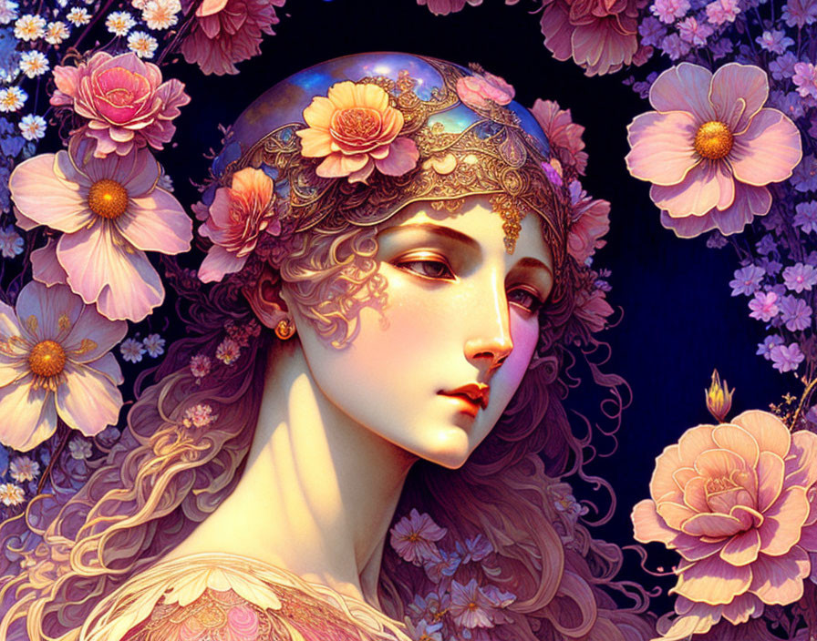 Detailed illustration of woman in ornate floral headgear with pink flowers on dark backdrop