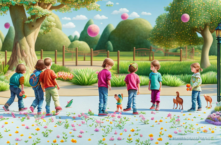 Vibrant garden scene with children watching kittens play amid colorful plants.