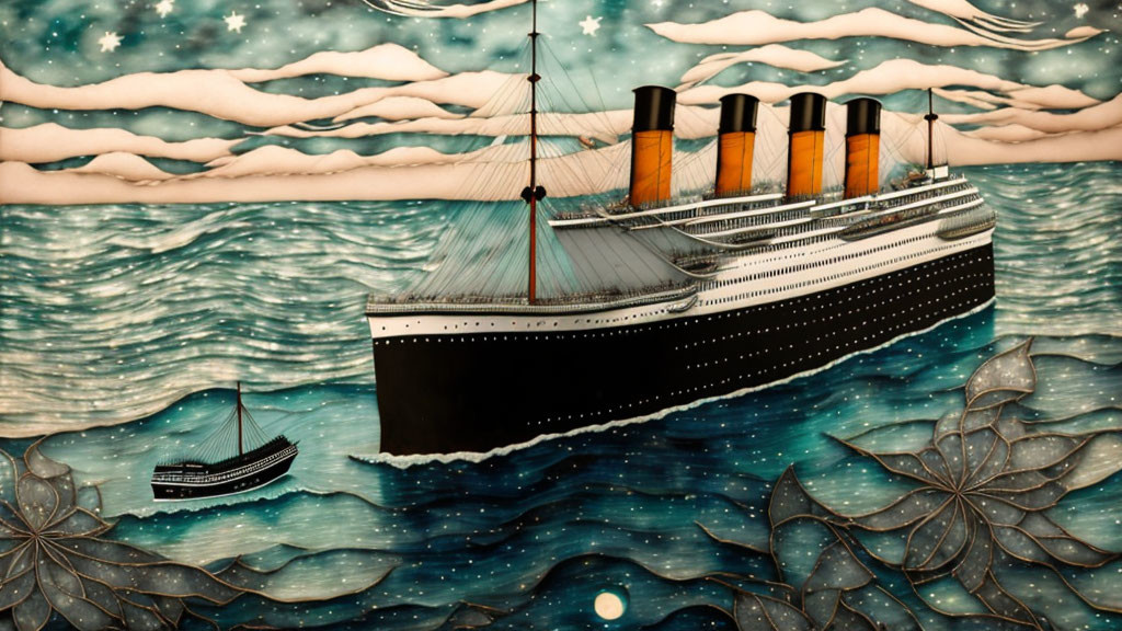 Stylized ocean liner illustration with wave and floral designs