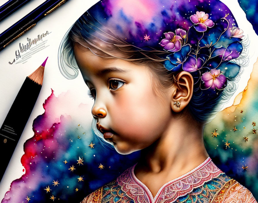 Colorful cosmic-themed floral headdress on young girl in watercolor background