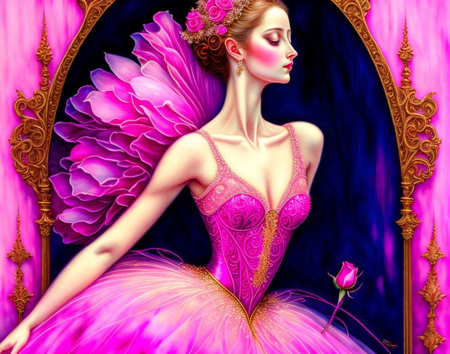 Vivid illustration of graceful woman in pink ballerina costume with floral wing and rose on purple backdrop