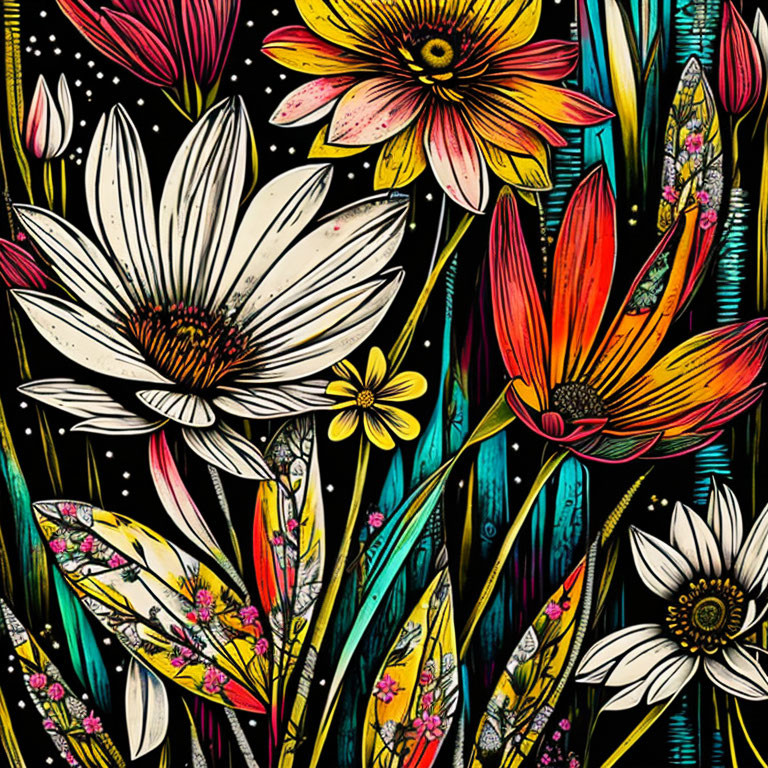 Colorful Floral Illustration on Dark Background with Intricate Patterns