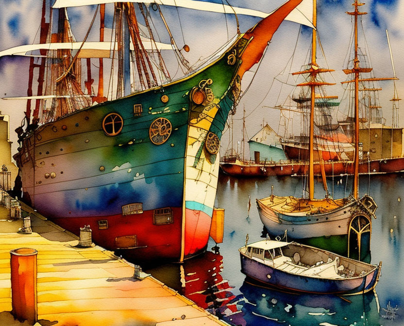 Vibrant watercolor painting: bustling harbor, tall ships, small boat, colorful docks, soft