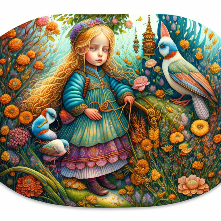 Colorful surreal illustration: Blonde girl, vibrant flora, whimsical birds