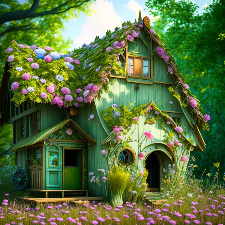 Green fairy-tale cottage with purple flower-covered roof in lush forest setting