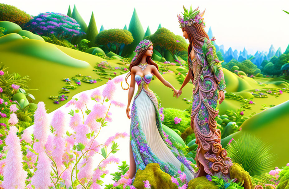 Two animated female figures in intricate floral attire in vibrant, fantastical landscape