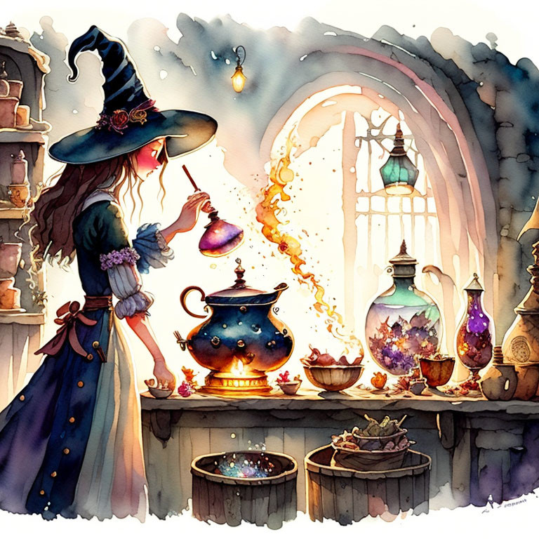 Witch crafting potion in cauldron with magical ingredients