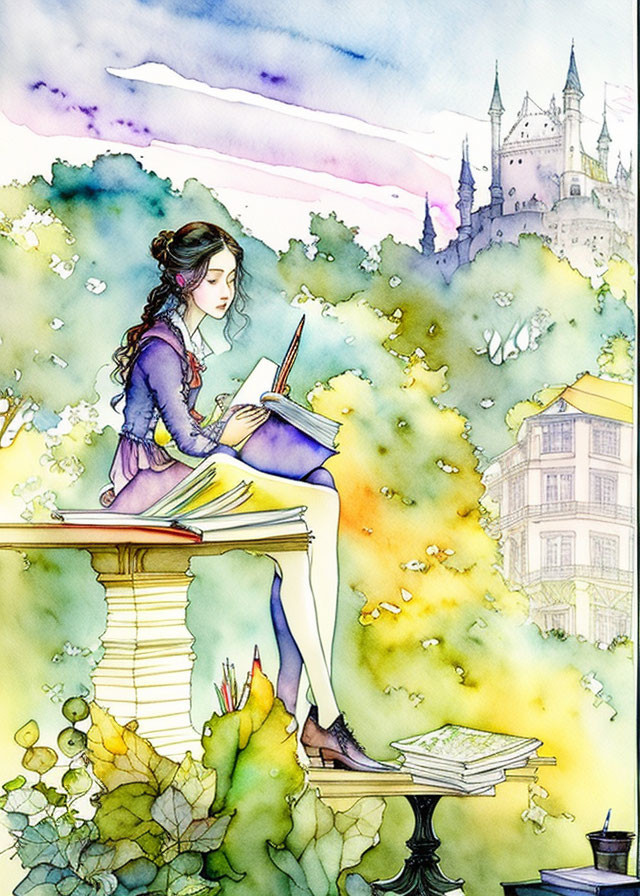 Woman reading book among flowering trees with castle and colorful sky