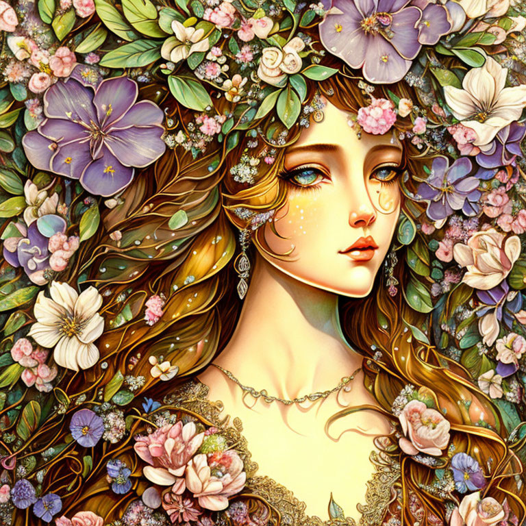 Illustration of woman with flowing floral hair in whimsical style