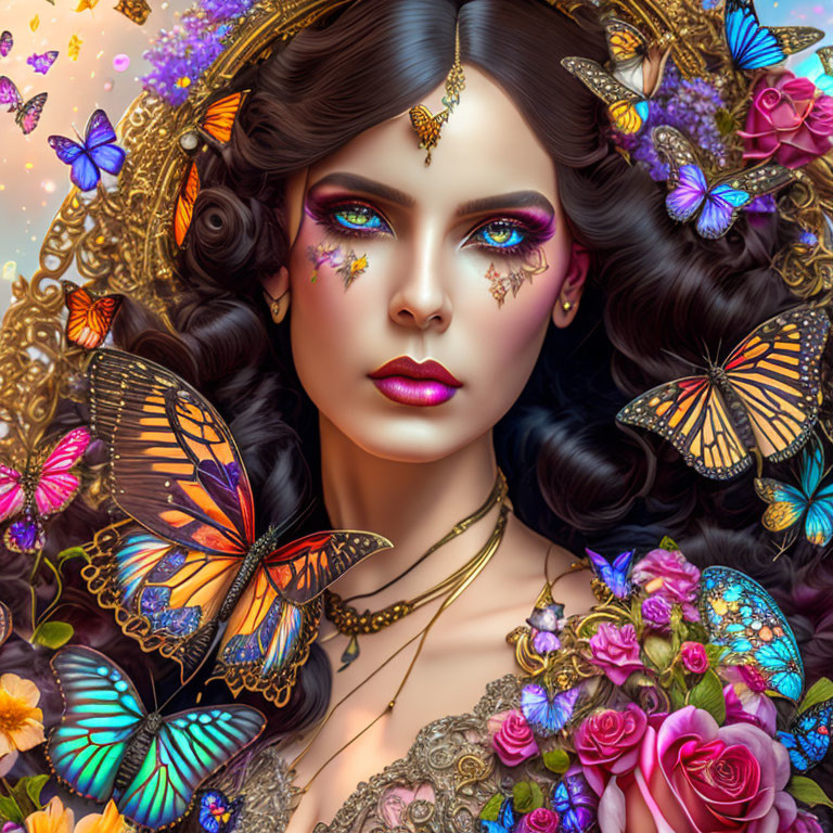 Detailed illustration of woman with vibrant makeup, butterflies, flowers, and ornate jewelry.