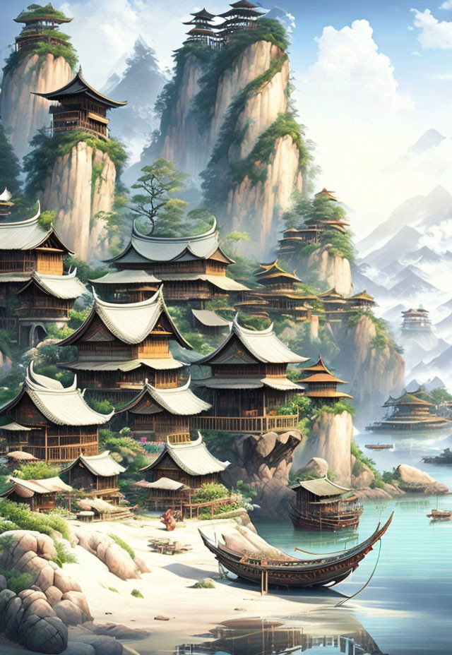 Scenic Asian Mountain Village with Pagoda Buildings & River