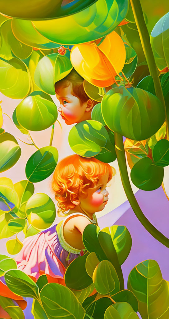 Children playing hide and seek in vibrant leaf and fruit illustration.