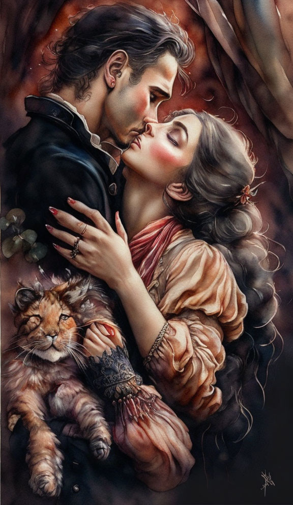 Illustration of man and woman embracing with tiger cub in woman's arms