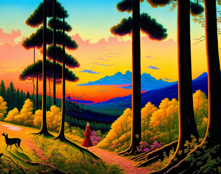 Colorful forest scene with woman, deer, and mountains at sunset